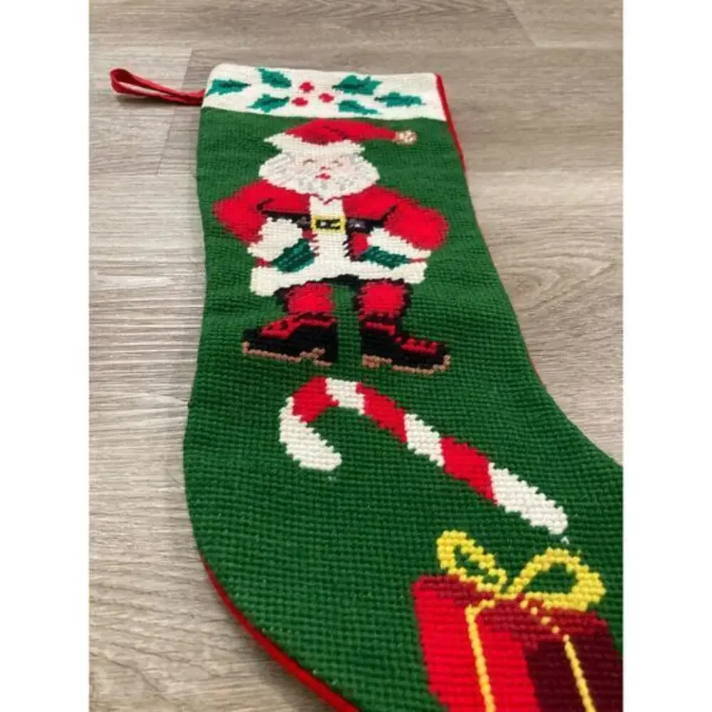 Vintage Needlepoint Santa Christmas Stocking Green Red 17